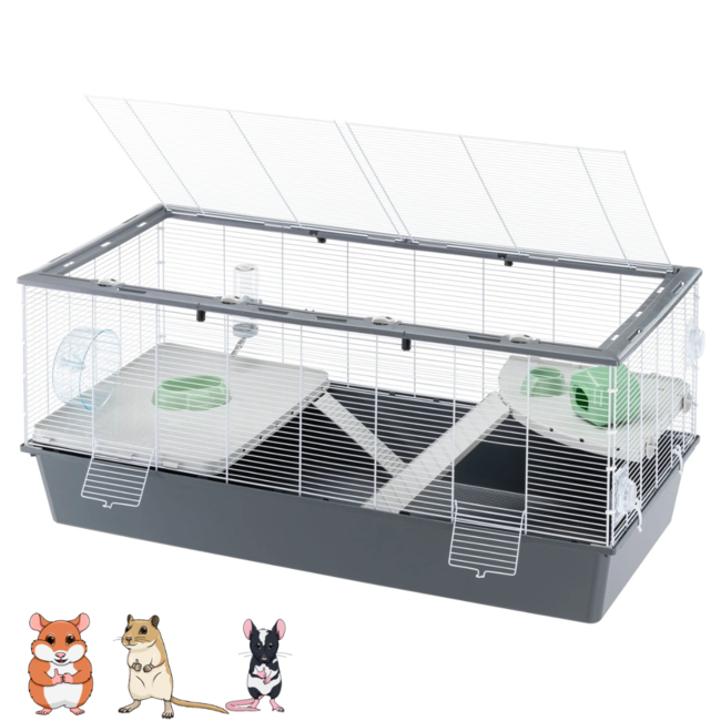 Rodent cage with two platforms - Enclosure for golden hamsters, gerbils and mice - 119 x 58 x 53.5 cm - Grey / White