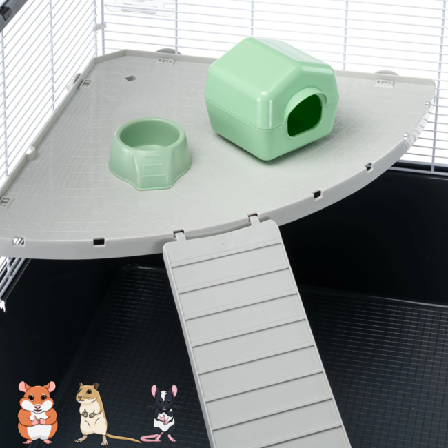 Rodent cage with two platforms - Enclosure for golden hamsters, gerbils and mice - 119 x 58 x 53.5 cm - Grey / White