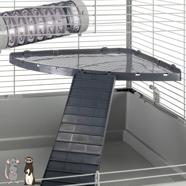Large cage with platforms and furnishings - Spacious enclosure for rats and ferrets - 80 x 75 x 86.5 cm - Grey