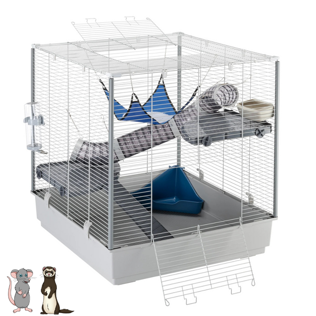 Large cage with platforms and furnishings - Spacious enclosure for rats and ferrets - 80 x 75 x 86.5 cm - Grey
