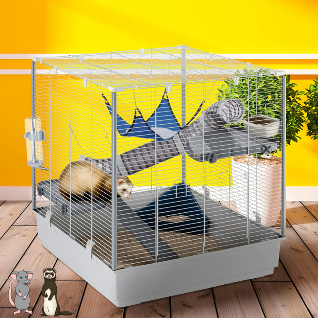 Large cage with platforms and furnishings - Spacious enclosure for rats and ferrets - 80 x 75 x 86.5 cm - Grey