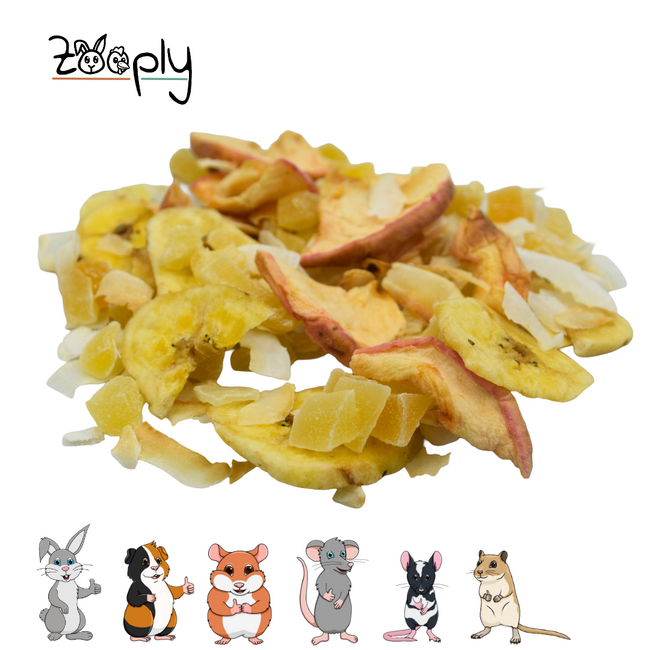 Zooply Gele Fruitmix - Snackmix van appel, banaan, mango, ananas en kokos voor konijnen, cavia's en kleine knaagdieren - Gezonde snack