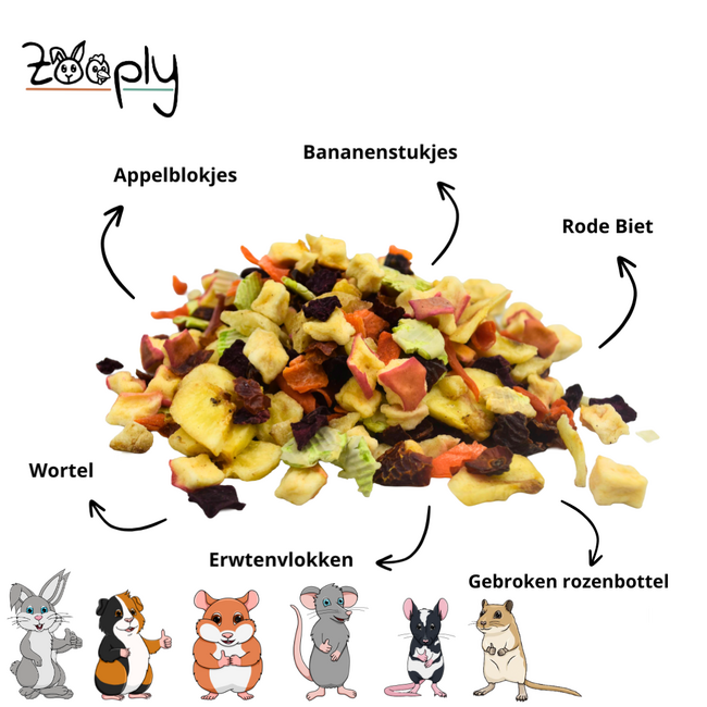 Zooply Groente & Fruitmix stukjes Snack for Rabbits, Guinea Pigs and Small Rodents - Natural Snack - 200 grams