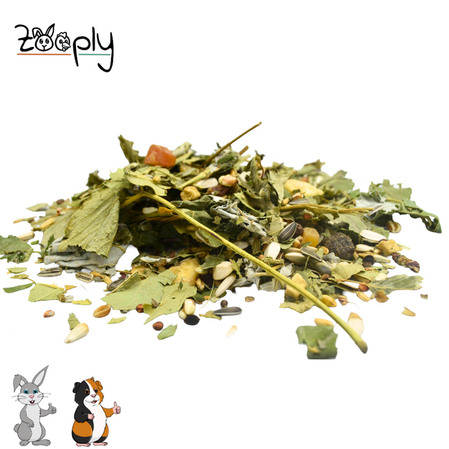 Sprinkle herbs with various leaves and pieces of fruit - Forest mix – Foraging mix with leaves and seeds – Specially for rabbits and guinea pigs - 1350 grams