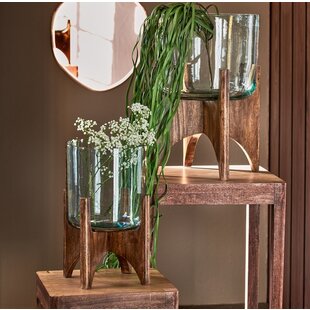 Vaas op voet JACE glas+hout bruin Ø31,5x43 cm