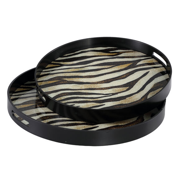 PTMD Dienblad Gila zwart glas met goud zebraprint set van 2