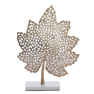 Ornament op voet 28x8x35 cm LEAF  goud+marmer wit