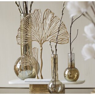 Ornament op voet 36x10x48 cm LEAF  goud+marmer wit