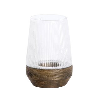 Windlicht Ø18X26 Cm MINAS glas Rib helder+hout donkerbruin