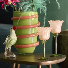 Theelicht op voet Ø10,5x22,5 cm FLOWALY glas groen+peach