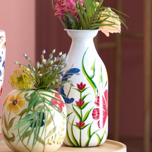 Vaas deco Ø20x45 cm EKIMULI  wit+bloemen