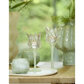Theelicht op voet Ø9,5x21 cm FLORA gls mat mint groen+helder