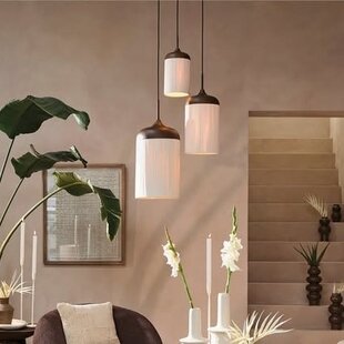 Hanglamp 3L Ø35x32 cm DANIALO houtprint donkerbruin met touw creme