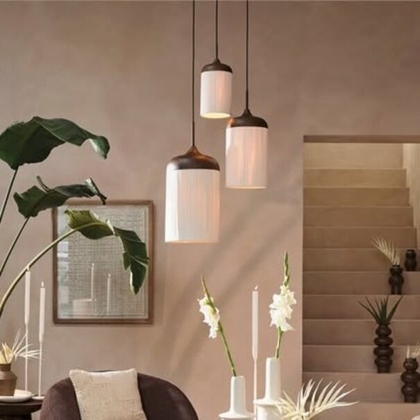 Light en Living Hanglamp 3L Ø35x32 cm DANIALO houtprint donkerbruin met  touw creme