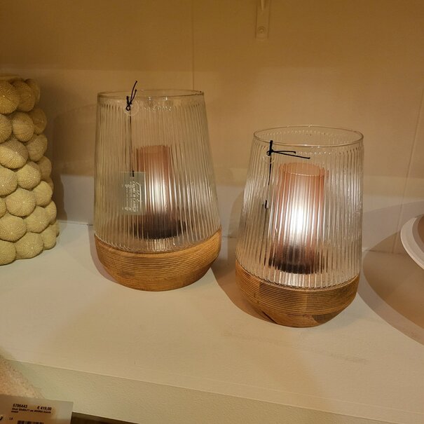 Light en Living Windlicht Ø22x30 Cm MINAS glas Rib helder+hout naturel