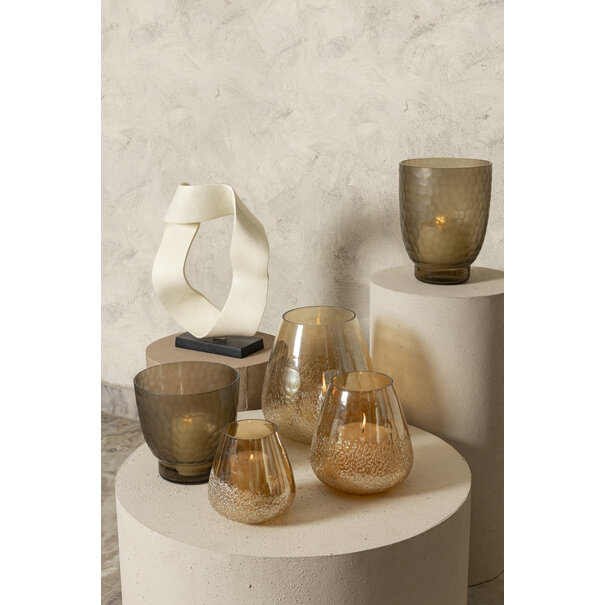 PTMD PTMD Ameara Amber Glas Rond Taps Windlicht S – Handgemaakt Sfeerglas Ø16 cm