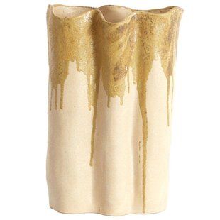 Vaas deco 26x14x40 cm FLOVILLA keramiek crème+olijf groen