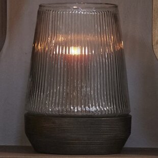 Windlicht Ø18X26 Cm MINAS glas Rib helder+hout donkerbruin