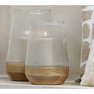 Windlicht Ø18X26 Cm MINAS glas Rib helder+hout Natural