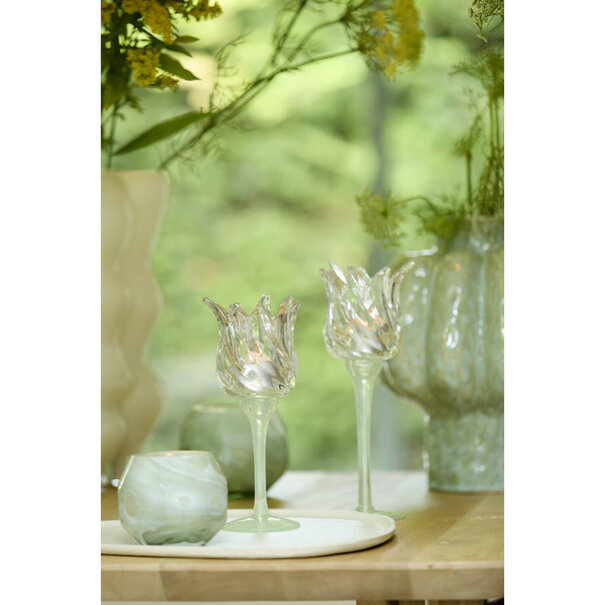 Light en Living Theelicht op voet Ø9,5x21 cm FLORA gls mat mint groen+helder