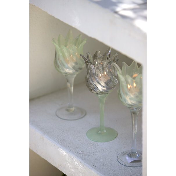 Light en Living Theelicht op voet Ø9,5x21 cm FLORA gls mat mint groen+helder