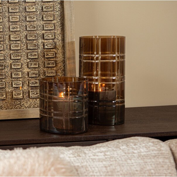 PTMD Theelicht Divit Donkerbruin glas met strepen M