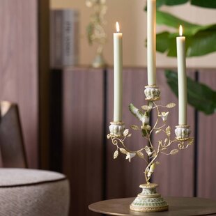 Kandelaar 3L 26x13x37 cm PARROT crème-groen-geel+licht goud