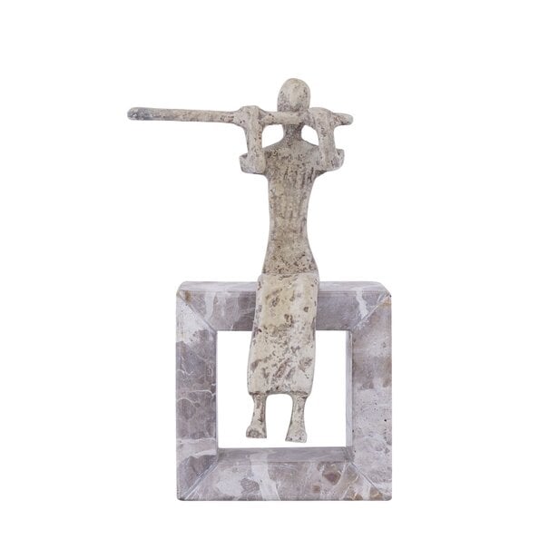PTMD Ornament Aleria Beige dame met fluit op marmeren voetstuk