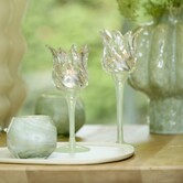 Theelicht op voet Ø9,5x21 cm FLORA gls mat mint groen+helder