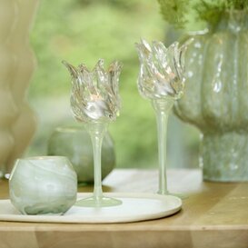 Theelicht op voet Ø9,5x21 cm FLORA gls mat mint groen+helder