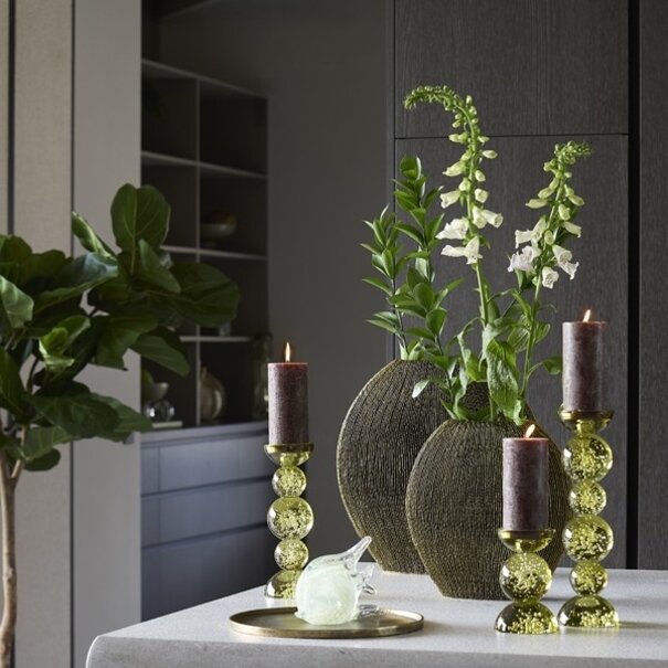 Light en Living Light & Living Kaarsenhouder ITINGA - Glas met Bubbelstructuur - Olijfgroen - Ø10x26,5 cm