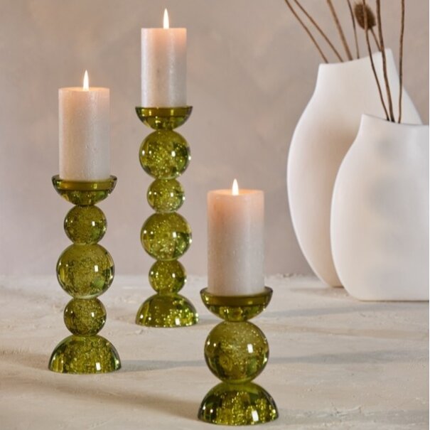 Light en Living Light & Living Kaarsenhouder ITINGA - Glas met Bubbelstructuur - Olijfgroen - Ø10x26,5 cm