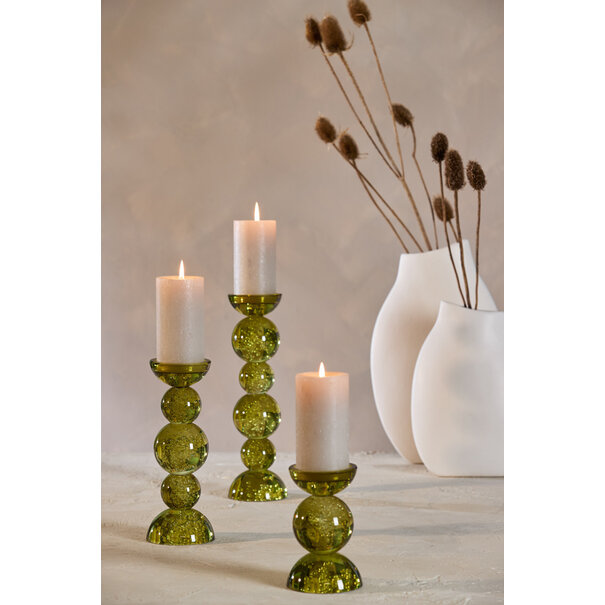 Light en Living Light & Living Kaarsenhouder ITINGA - Glas met Bubbelstructuur - Olijfgroen - Ø10x26,5 cm