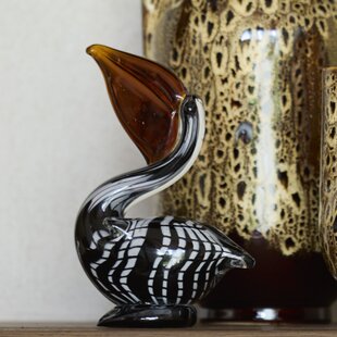 Ornament 13x7x19 cm PELICAN glas zwart-wit+bruin gestreept