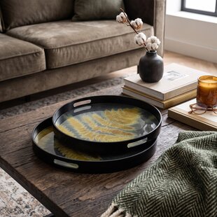 Dienblad Gila zwart glas met goud blad set van 2