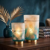 Tafellamp LED PEACOCK glas turquoise en goud - 2 maten