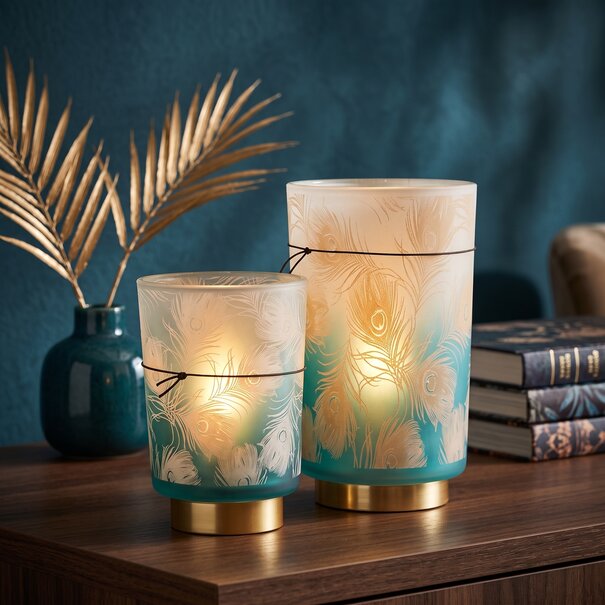 Light en Living Tafellamp LED PEACOCK glas turquoise en goud - 2 maten