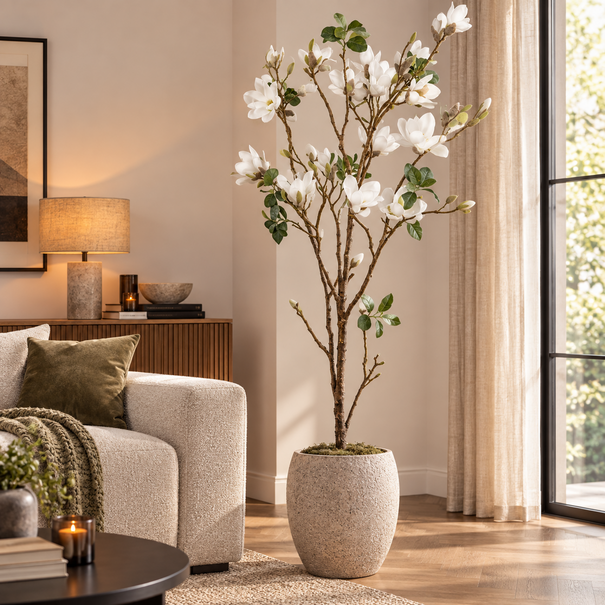 PTMD Kunstboom Magnolia wit in zwarte pot 173 cm hoog