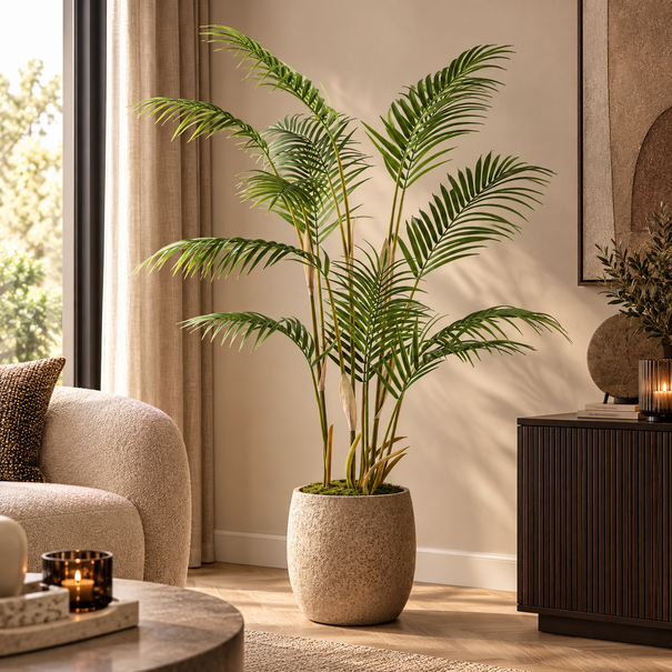 PTMD Palmboom groen in zwarte plastic pot - 148 cm hoog
