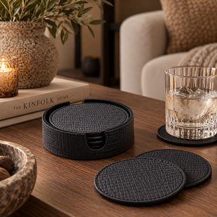 Onderzetters Rafal Zwart vegan leer coaster ron