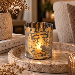 Theelicht Tigg Goud tijger patroon  - 9.0 x 9.0 x 10.0 cm