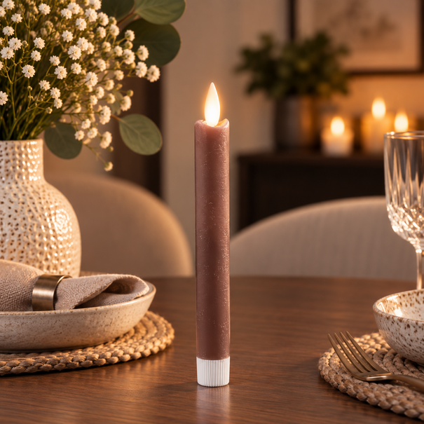 PTMD LED Dinerkaarsen rustiek bruin met beweegbare vlam kort – 2 stuks