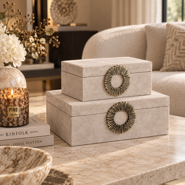 PTMD Opbergbox Hazael Beige suede set van 2
