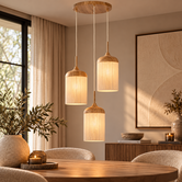 Hanglamp 3L Ø35x32 cm DANIALO hout print naturel+touw crème