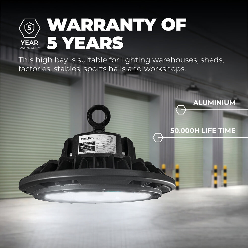 Lámparasonline Campana LED 150W - Philips Driver - 120° - 160lm/W - 6000K - IP65 - Regulable - 5 años de garantía