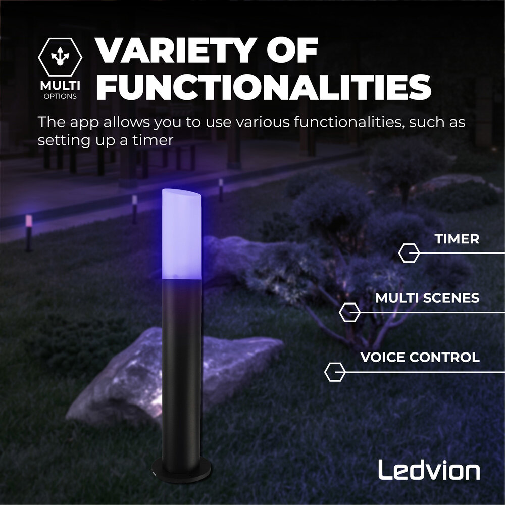 Ledvion Lámpara de pie inteligente para exterior - RGB+3000K - IP44 - Iluminación Exterior Inteligente  - Negro - Lista para usar