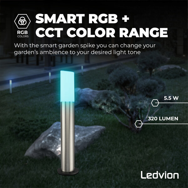 Ledvion Lámpara de pie inteligente para exterior - RGB+3000K - IP44 - Iluminación Exterior Inteligente  - Acero Inoxidable - Lista para usar