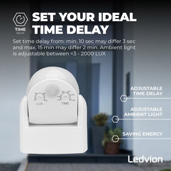 Ledvion Sensor de movimiento de Suferficie Blanco 180° Con Interruptor Crepuscular Alcance de 12M Max 600W IP65