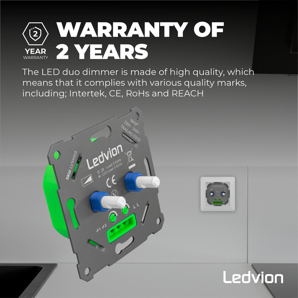 Ledvion Regulador de Intensidad de Luz LED DUO 2x 3-100W - 220-240V - Corte de fase - Universal - Completo