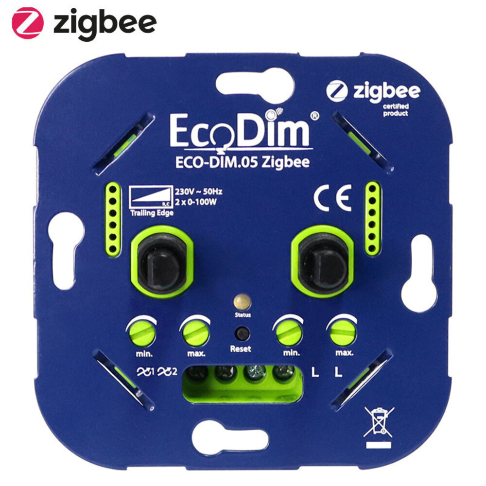 EcoDim Regulador de Intensidad de Luz LED Zigbee Smart DUO Empotrable 2x 0-100 Watt 220-240V - Corte de fase